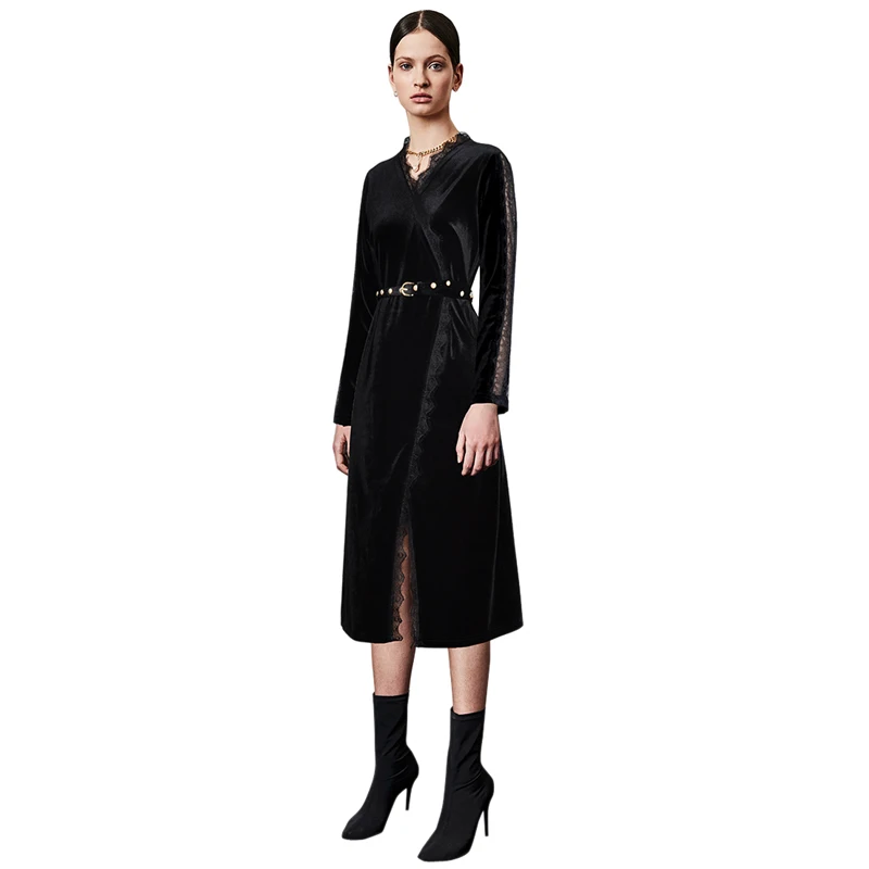 

black dress for women lace patchwork v neck pearl beaded buckle belt a line wrap dress velvet rockabilly vintage bodycon dress