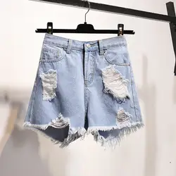 Высокая талия джинсовые шорты 2019 сезон: весна-лето женские винтажные, с дырами однотонные джинсы шорты для женщин дамы плюс размеры
