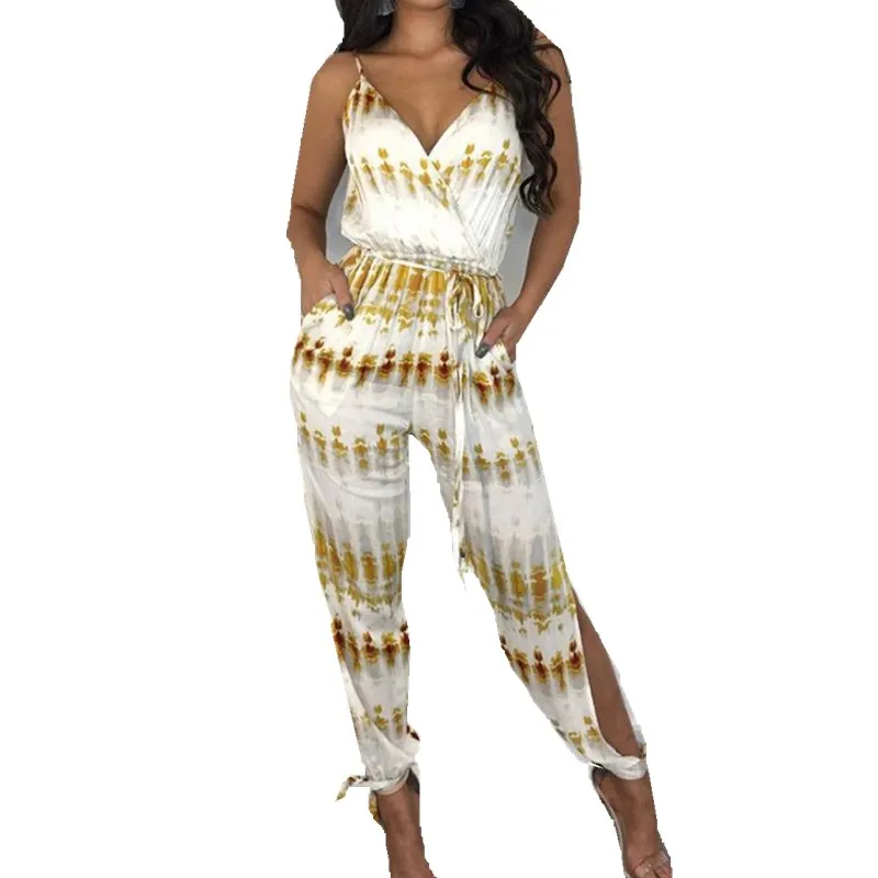 Spaghetti Strap Jumpsuit For Women V neck Print Sashes