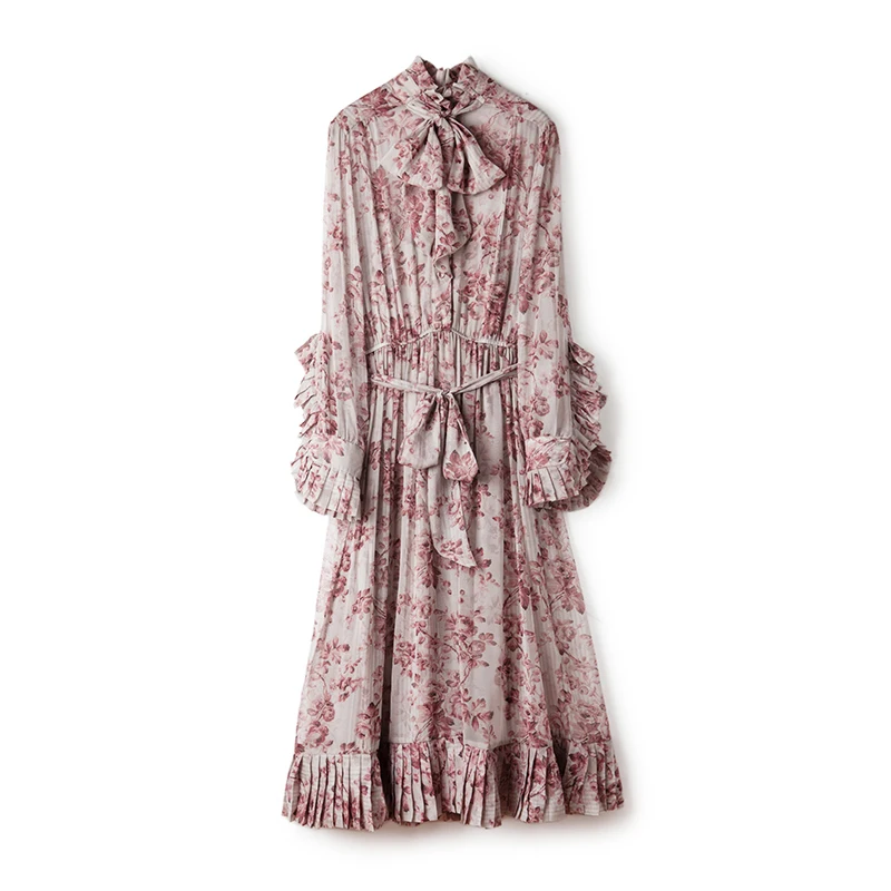 [LIVIVIO] Boho Цветочный Принт женское платье со стоячим кружевом и рюшами прерия шик