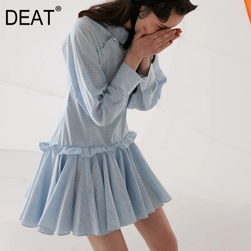 

DEAT 2019 new summer fashion women clothes turn-down collar full sleeves pleated ruffles vintage plaided dress female WF01205L
