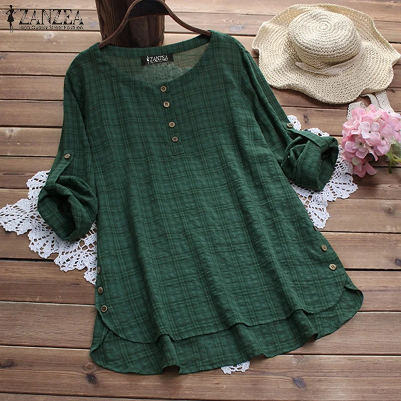 

Tops ZANZEA Women Blouse Casual Loose Plaid Shirt Ladies Blusas Vintage Womens Clothing Cotton Linen Blusa Feminina Plus Size