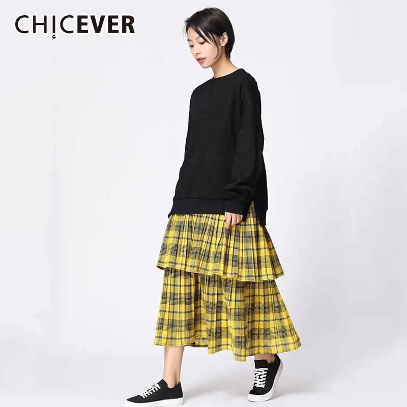 Женское клетчатое платье CHICEVER весеннее средней длины с длинным рукавом и о
