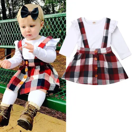 Kids Baby Girl Long Sleeve Tops Plaids Overalls Skirt Party Clothes