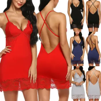 

Sexy Lingerie Women Lace Summer Backless V Neck Silk Robe Dress Babydoll Nightdress Nightgown Sleepwear Dress
