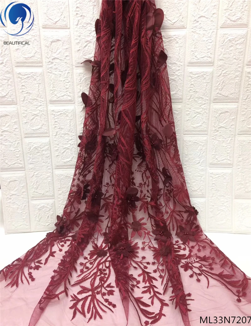 

BEAUTIFICAL net lace applique 3d wine red lace fabric for wedding african french lace fabrics 3d flower with beads ML33N72