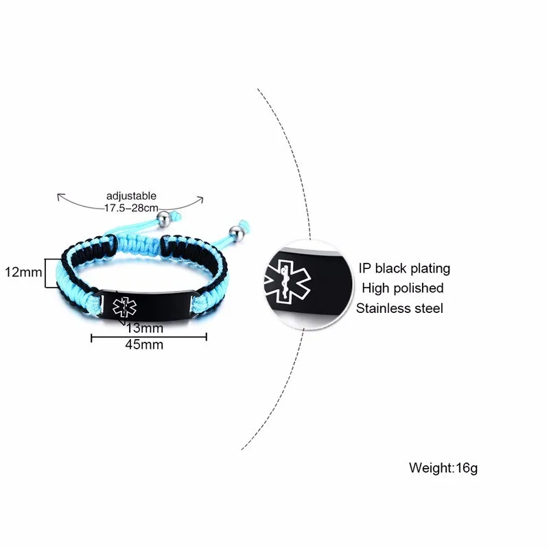 Vnox,, на заказ, водонепроницаемые спортивные медицинские браслеты для мужчин и женщин, ручная работа, регулируемая плетеная веревка из нержавеющей стали