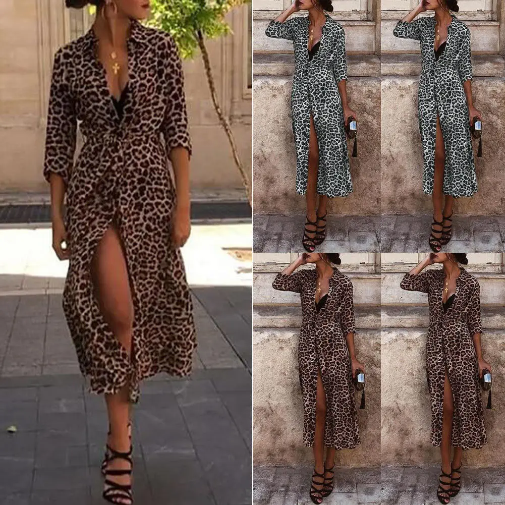 

Hirigin Leopard Print Sexy Dress Fashion 2019 Women Long Sleeve Shirt Maxi Dress Casual V-Neck Slit Belt Dresses
