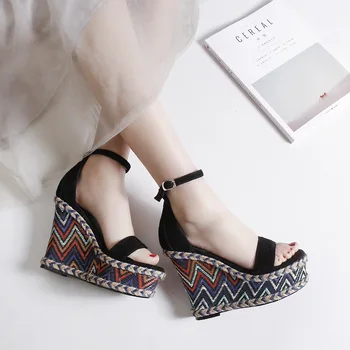 

Fashion Gladiator Woman Shoes with Print Platform High Heels in Mixed Color Women Sandals Ankle Buckle Strap Size 33,34