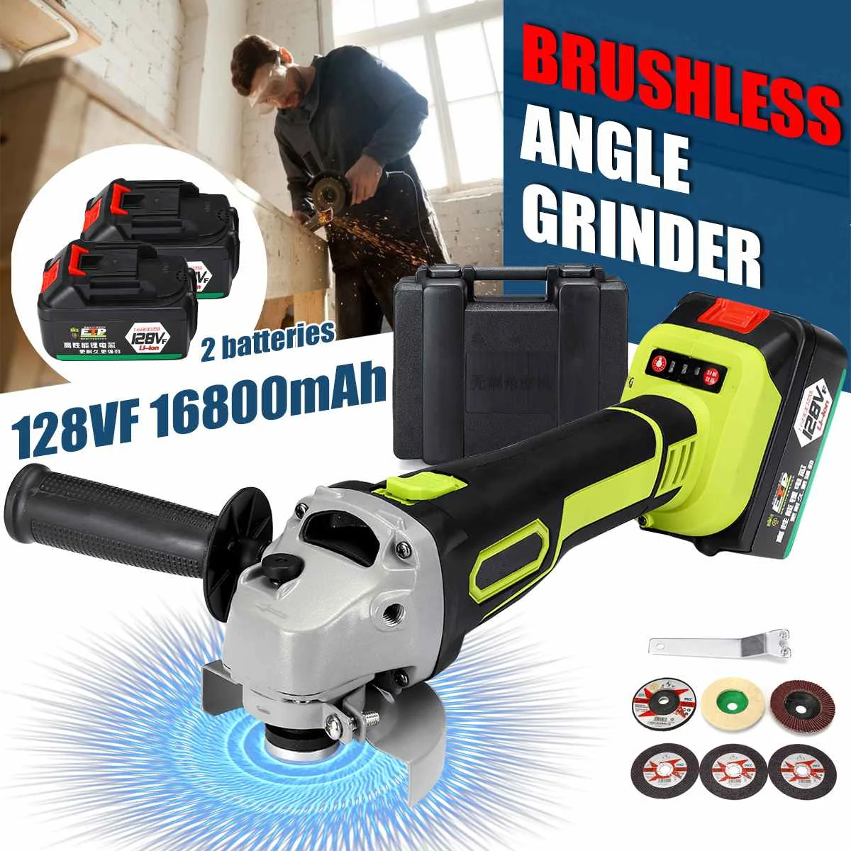 128VF 100mm 1200W 8000RPM Cordless Electric Angle Grinder Power Cutting Tool Rechargeable Li-ion Battery Charge Grinding Machine