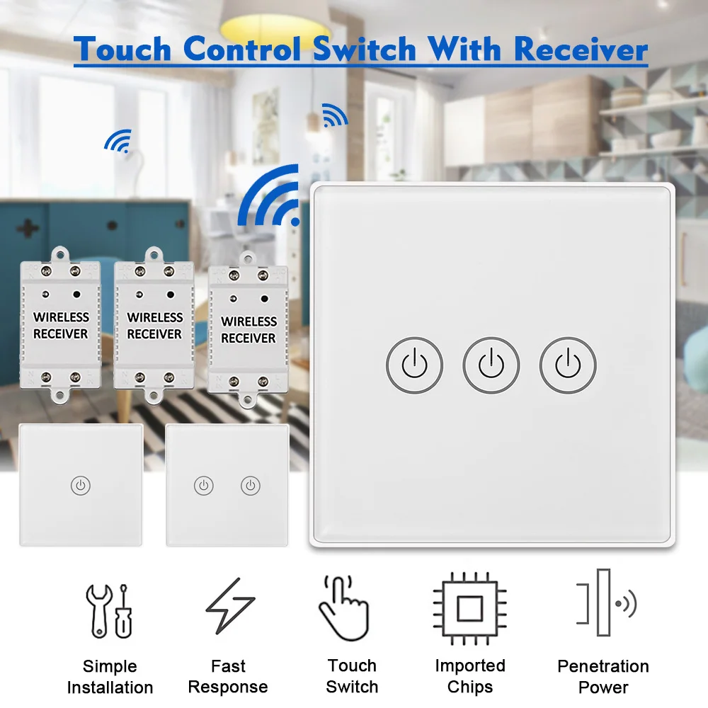 

3 gang Touch-Control Outlet Wireless Light Switch Panel For Household Appliances Unlimited Connections Up to 30 Meters White