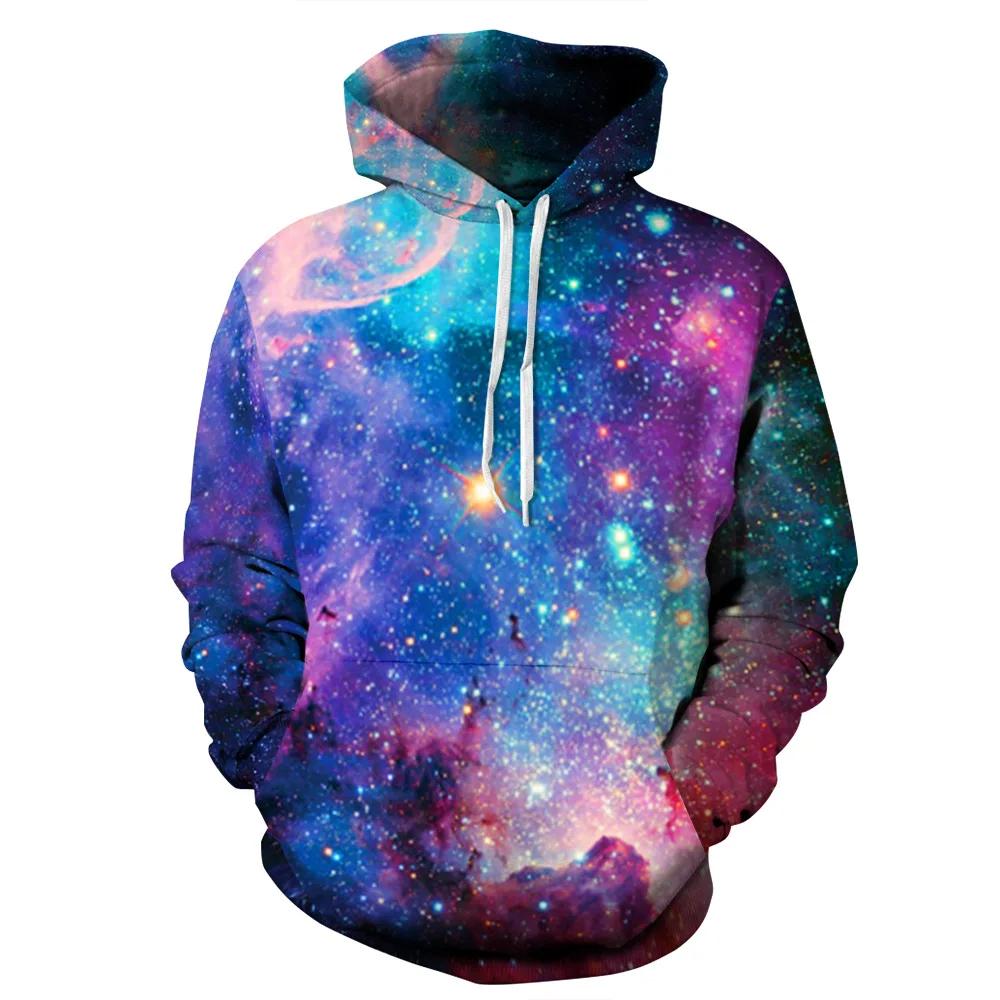 Blue Starry Sky Print Hoodies Men Hoodie with Hat Round Neck Loose Sweatshirt Pullover Sudaderas Para Hombre Streetwear