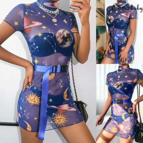 

2019 Sexy Blue Mesh Dress Lady Women Sheer Mesh See Through Short Sleeve Bodycon Party Summer Clubwear Short Mini Dress