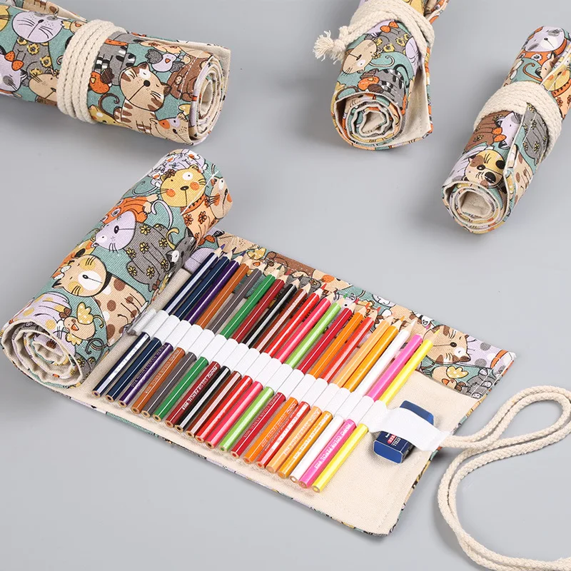 

Cotton Canvas Large Capacity bi lian 12 24 36 48 72 Hole Big Face Meow Adorable Cat Cartoon nan nv Lead Pencil Case