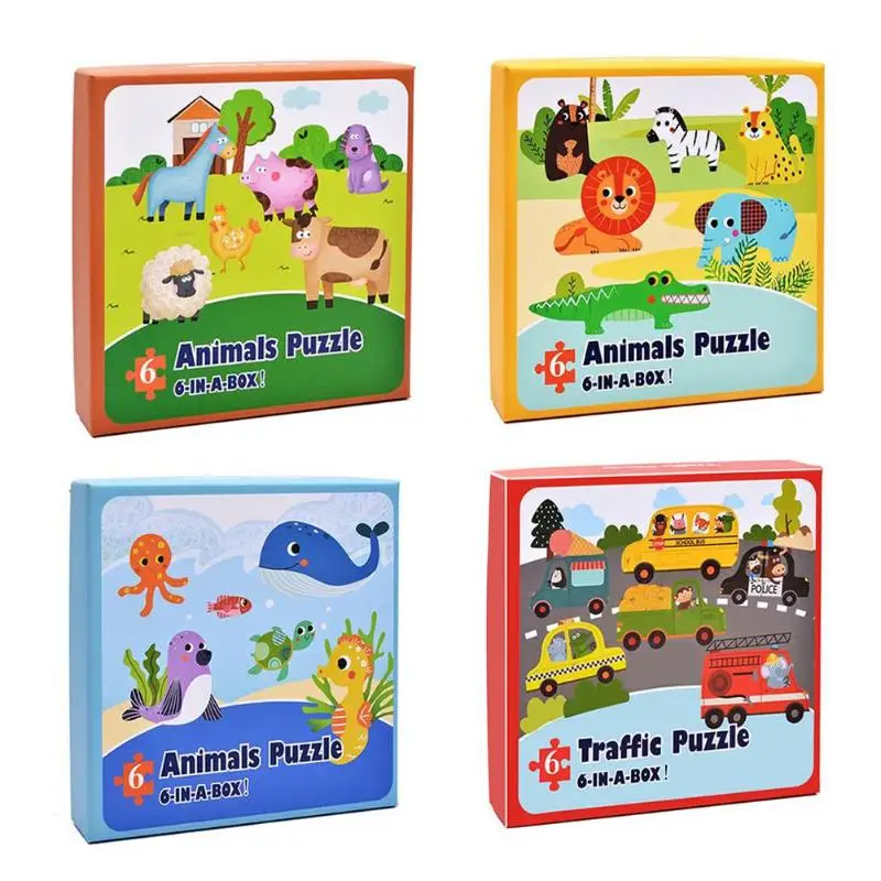 

6 in 1 Kids Wood Puzzles Set Early Education Intelligence Interesting Cartoon Cognitive Assemble Development Training Toys Kids