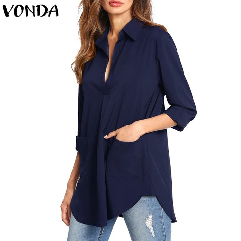 VONDA, женская блузка, рубашка, осень, сексуальная, для беременных, элегантная, v-образный вырез, длинный рукав, асимметричные карманы, для беременных, топы, Blusas Femininas