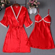 Сексуальное женское шелковое кружевное платье-халат ночная рубашка 2 штуки