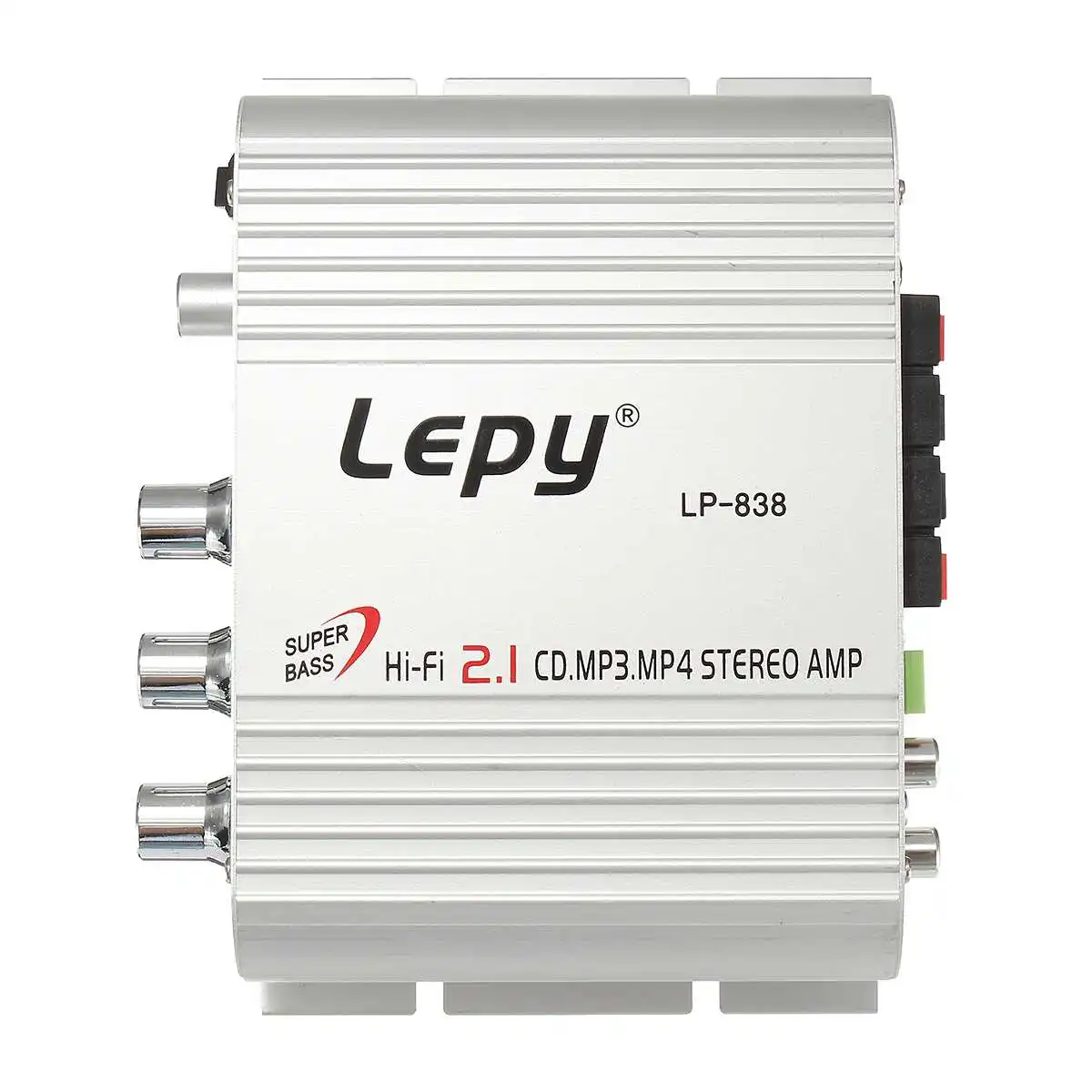LP-838 Mini 2,1 canal coche Hi-Fi estéreo inicio amplificador Radio MP3 MP4 súper bajo para altavoz AMP reproductor de DVD para coche