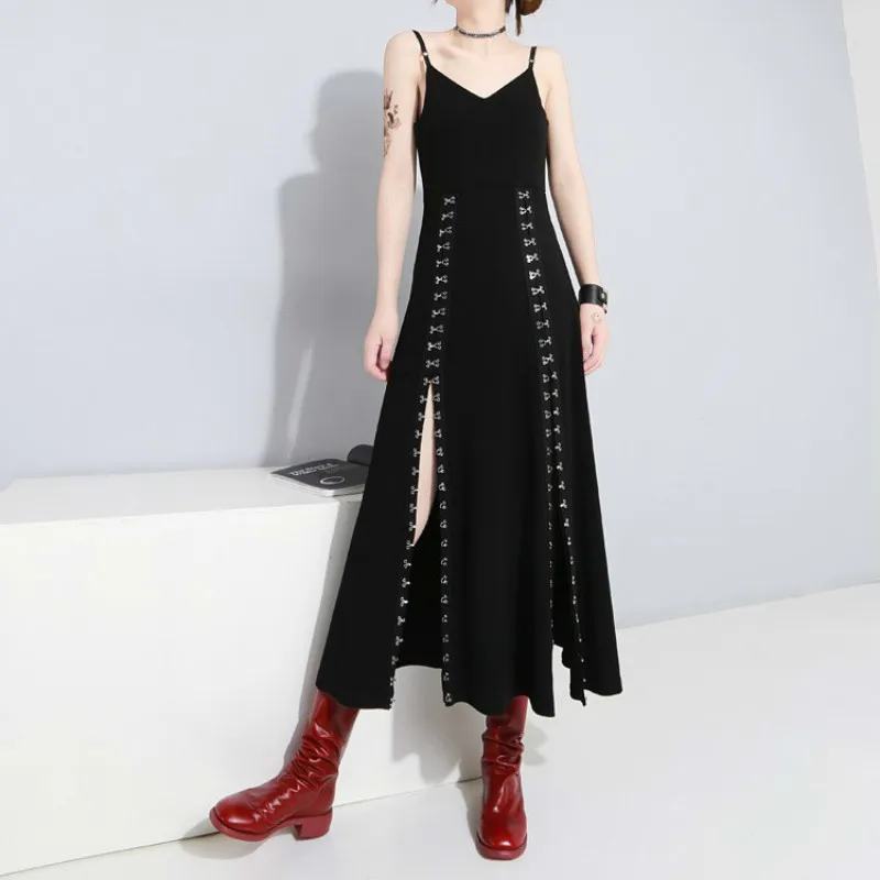 

2019 original design metal hook split fork high waist heavy work black backless spaghetti strap long dress summer women 478