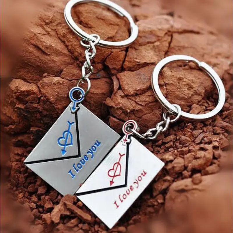 

One Pair Mini Envelope Heart I Love You Key Ring Chain Keyring Car Keychain Metal Pendant Valentines Day Gift