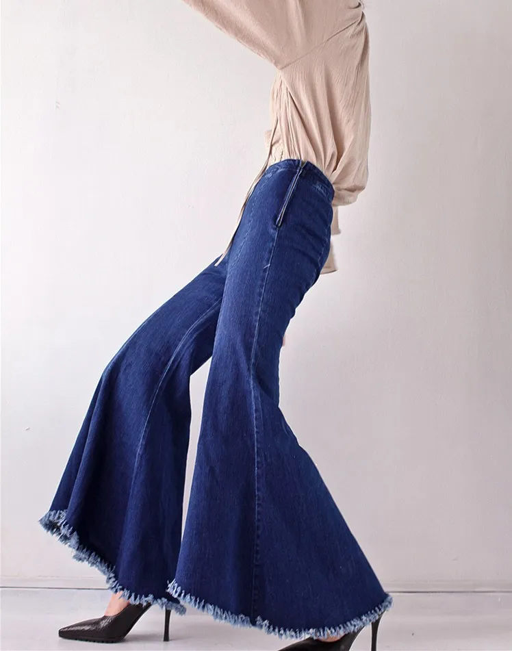 2019 New Fashion Wide Leg Jeans Hippie Vintage Fringe Jeans Women Mid Waist Slim Bell Bottom Jeans