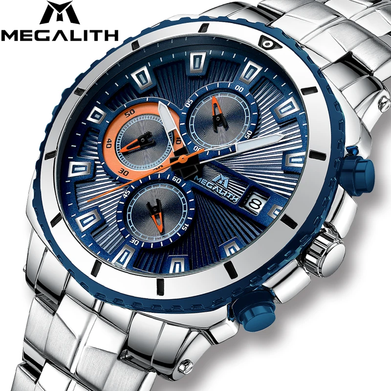 

MEGALITH Fashion Mens Watches Sports Chronograph Quartz Men Watch Waterproof Stainless Steel Quartz Male Clock Relogio Masculino