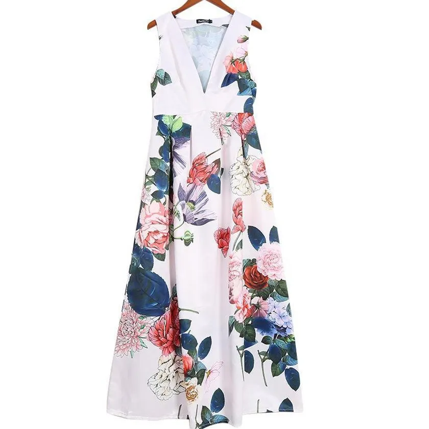

Women New Deep V-Neck Floral Print Maxi Dress Fashion Sleeveless Empire A-Line Dresses Summer Large Swing Beach Party Dress