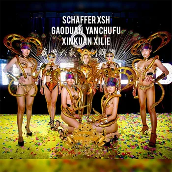 

WYY Sexy Lady Catwalk Show Cospaly Dress Suit Gold Color Variation Horns Headwear Costumes Dance Team Halloween Party Clothes