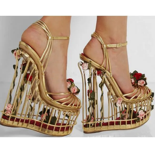 

Abesire Woman Fashion 3d Flower Embellished Cut-outs Bird Cage Wedges Ankle Strap Sandals Lady Thick Platform Dress Runway Shoes