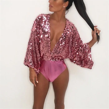 

Fashion Bodysuit Sexy Deep V Jumpsuit Sequin Long Sleeve Rompers Womens Jumpsuit Body Women Clubwear High Cut Bodysuit Jumpsuits