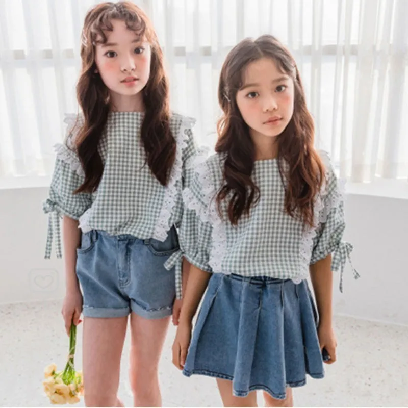 

Spring Summer Teenage Girl Blouse Lace Patchwork Green Plaid Baby Fashion Kids Shirt For Girls Kids Tops Boutiques Clothes 2019