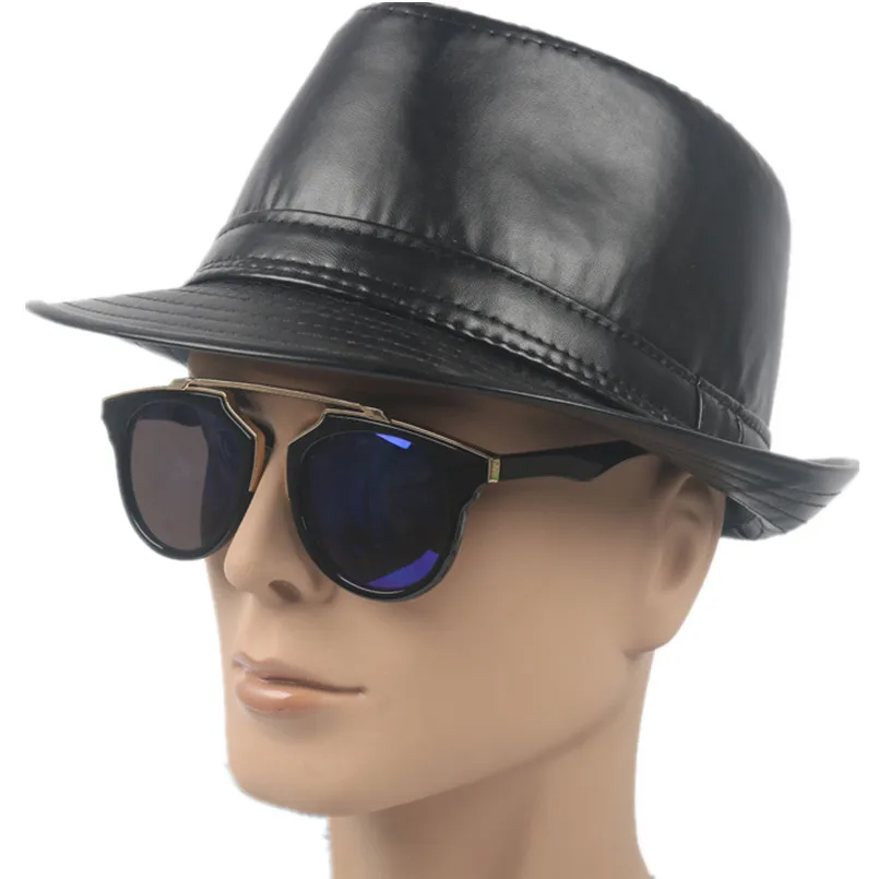 

men's classic fedora hat winter short brim mens hats fedoras faux leather cowboy hats unisex trilby hat vintage style M106