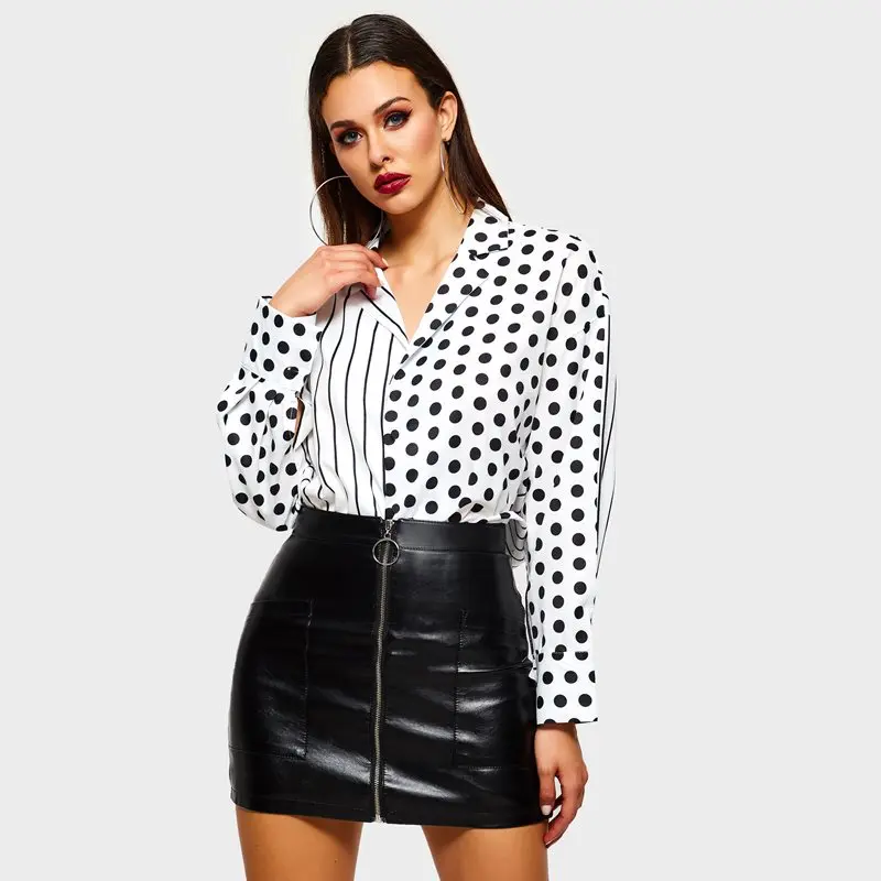 

Vintage Chic Blouses Women Tops Spring Korean Stripe Polka Dot Print School Street Hipster Young Girl Loose Casual White Shirt
