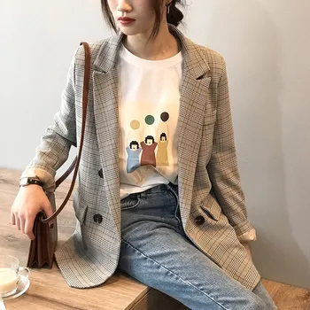 

Spring Blazer Korean Slim Restore Plaid Blazer Notched Feminine Outwear Loose Suit Harajuku Vintage Jacket