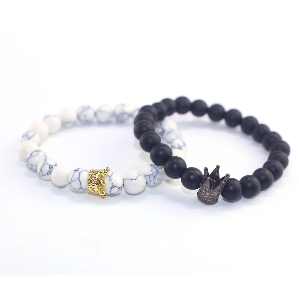 

Fashion Couples Micro-inlaid Bracelet Simple Alloy Crown Men Women Beaded Bracelets Black Matte Stone White Howlite Bracelet