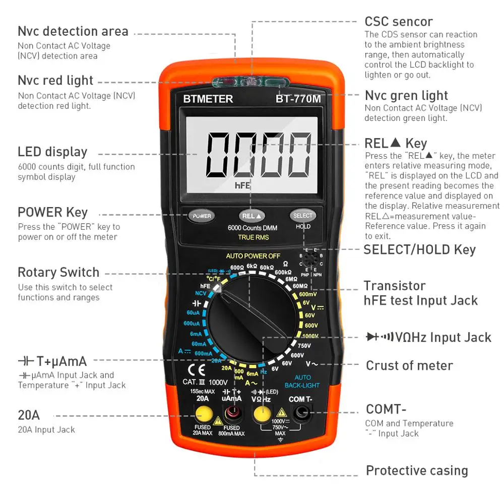 Beste Btmeter BT 770M Multimeter Universal Meter 6000 Count, Ncv, Diode, Ac   Dc Spanning, ac   Dc Stroom, Weerstand, Capaciteit