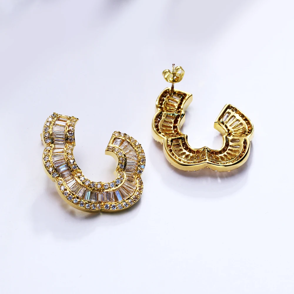 Luxury Curve Shape Jewelry Big Stud Earrings Trendy White/Gold-Color Shiny CZ Crystal Large earrings for Women