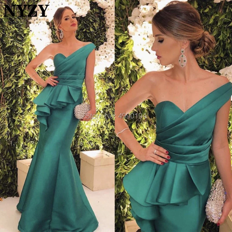 

NYZY E58 Emerald Green One Shoulder Evening Dress Mermaid Satin Formal Dress Party vestidos de festa robes de soiree longue 2019