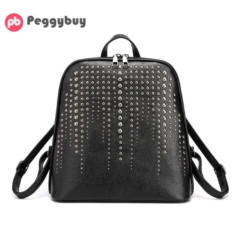 

Vintage PU Leather Backpack Women Women Rivet Shoulder School Bags Simple Design Women Casual Daypacks mochila Famous Brands