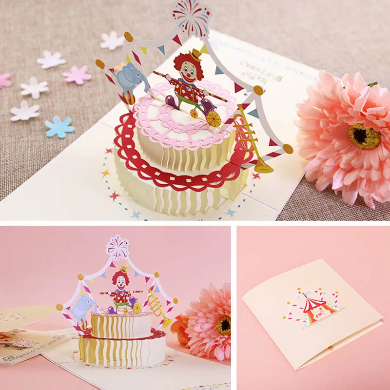  Funny Cartoon Clown 3D Birthday Cake Greeting Card Handmade Party Invitation Paper 1Pcs Rainbow Col - 33001737263