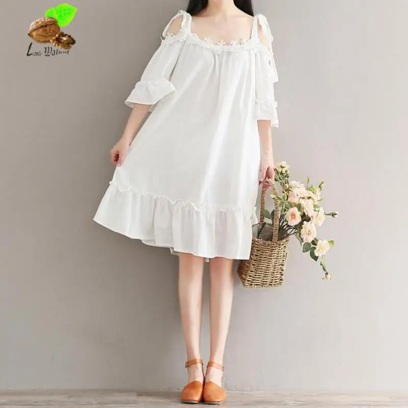 New Women Summer Sweet Lace Mini Petal Sleeve Slash Neck Cotton Linen
