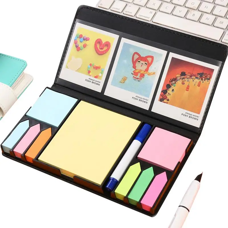 

Cartoon Color Sticky Note Sets Self-Stick Note Box Sets With Page Markers Index Tabs Flags Faux Leather Cover