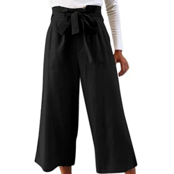 Women Casual Wide Leg High Waist Pants with Belt Ladies Loose Capri Ankle-Length Trousers Black XXL Women Casual Wide Leg High Waist Pants with Belt Ladies Loose Capri Ankle-Length Trousers Black XXL