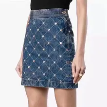 [YaLee] Новая мода весна лето синий Ромбический плед Flash Drill украшение молния джинсовая половина тела юбка для женщин Y582