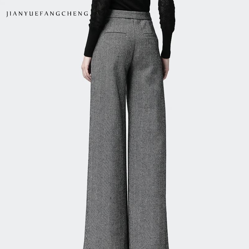 Office Ladies Pants Trousers Gray Long Wide Leg Winter Pants Women Plus Size 2019 Warm High Waist Wool Pants Pantalon Striped Office Ladies Pants Trousers Gray Long Wide Leg Winter Pants Women Plus Size 2019 Warm High Waist Wool Pants Pantalon Striped