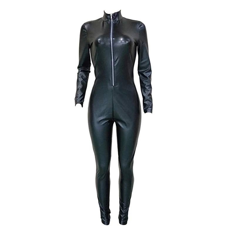 Модный женский комбинезон кожаный сексуальный боди облегающий Wetlook клубный