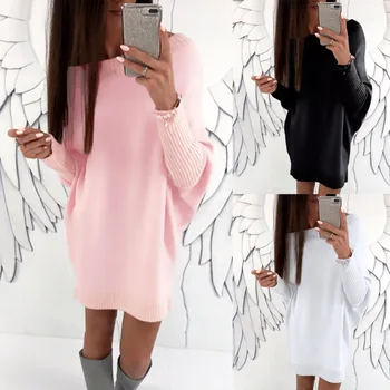 

Batwing sleeve pullover long hoodies flocking loose streetwear pure colors round neck women Autumn winter girl flock tops female