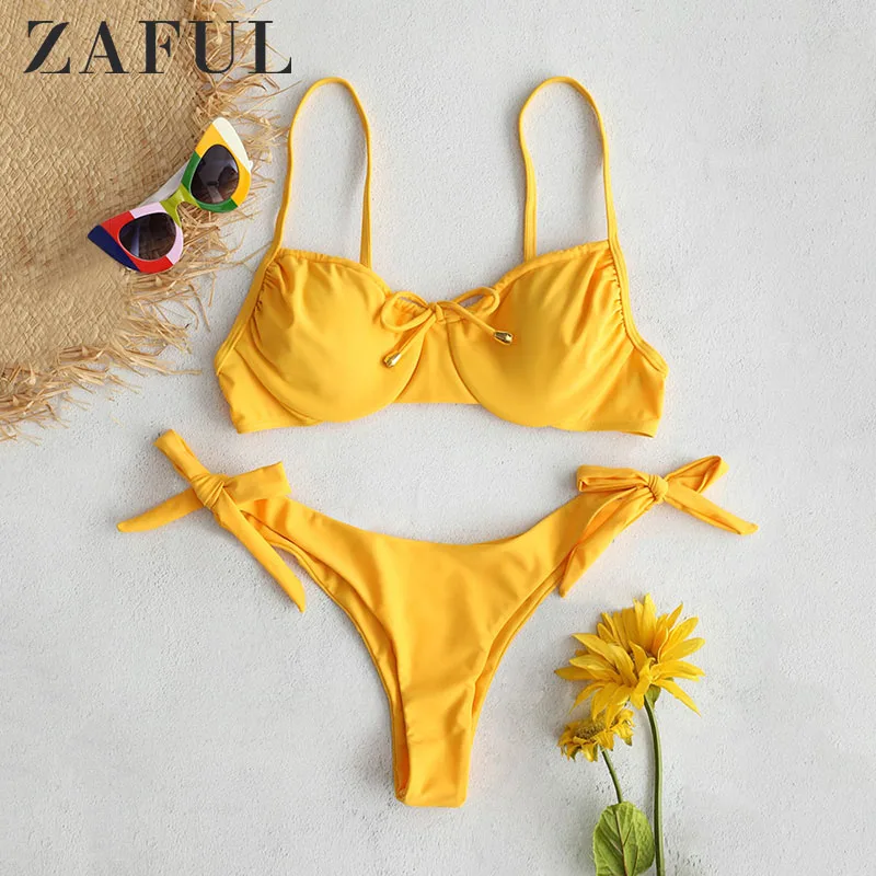 Женский купальник бикини ZAFUL желтый однотонный с завязками пуш ап в рубчик