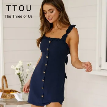 

TTOU Ruffles Women Fashion Bodycon Summer Dress Backless Casual Mini Dress Single-Breasted Lace Up Beach Strap Wrap Dress