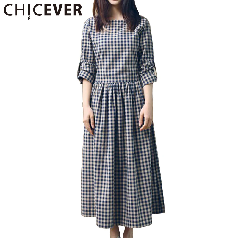 

CHICEVER 2019 Plaid Summer Dress Women Tops Long Sleeve Lace Up Bow Loose Large Size Dresses Female Clothes Fashion Korean